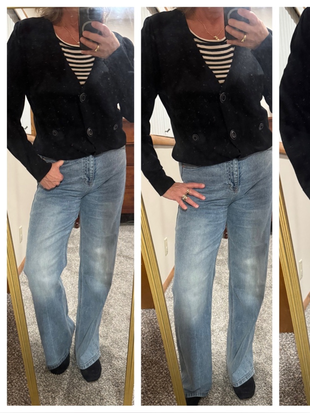 CAbi Black knit cardigan with striped tee Set